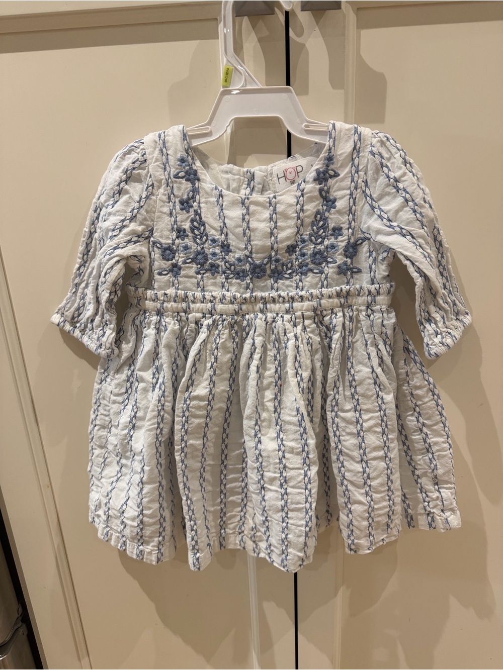 HOP 12-24m Kids White & Light Blue Embroidered Peasant Dress